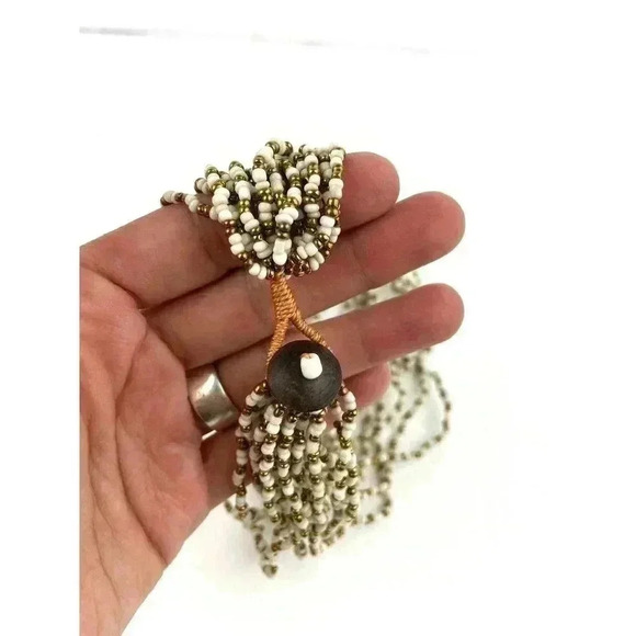 Multi Strand Layered White Gold Seed Bead Statement Necklace 18" - Picture 5 of 6